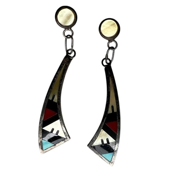 Turquoise Sterling Silver Native Zuni Emery Ohmsatte Inlay Dangle Earrings - Picture 9 of 9